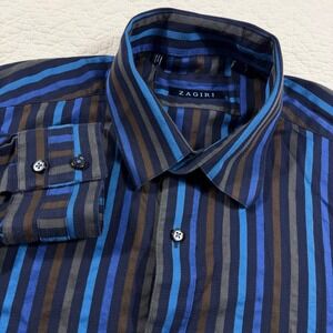 Zagiri Shirt  Mens L Long Sleeve Button Down Blue Brown Striped Cotton EUC